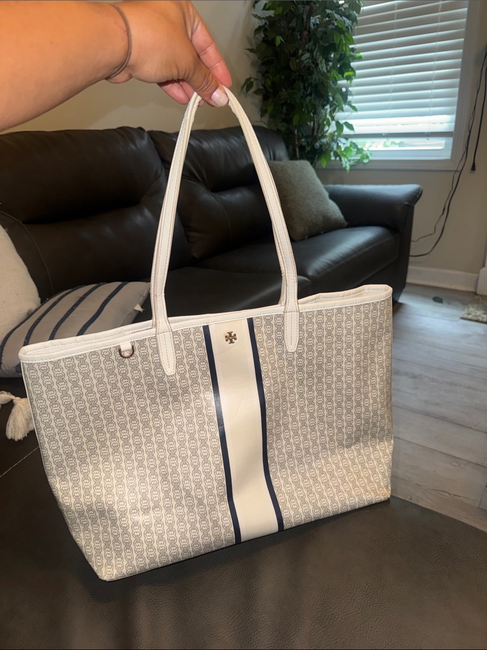 Tory Burch White and Navy Monogram Stripe Tote